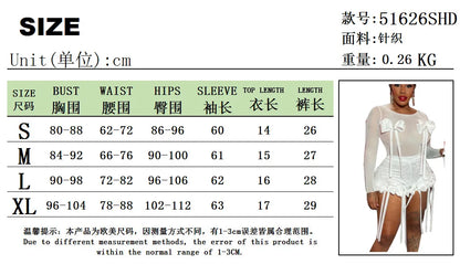 White 3D Bowknot Tassel Sexy Sheer Mesh Women Two Piece Short Sets 2026 Summer Fashion Long Sleeve Tshirt and Mini Shorts Outfit