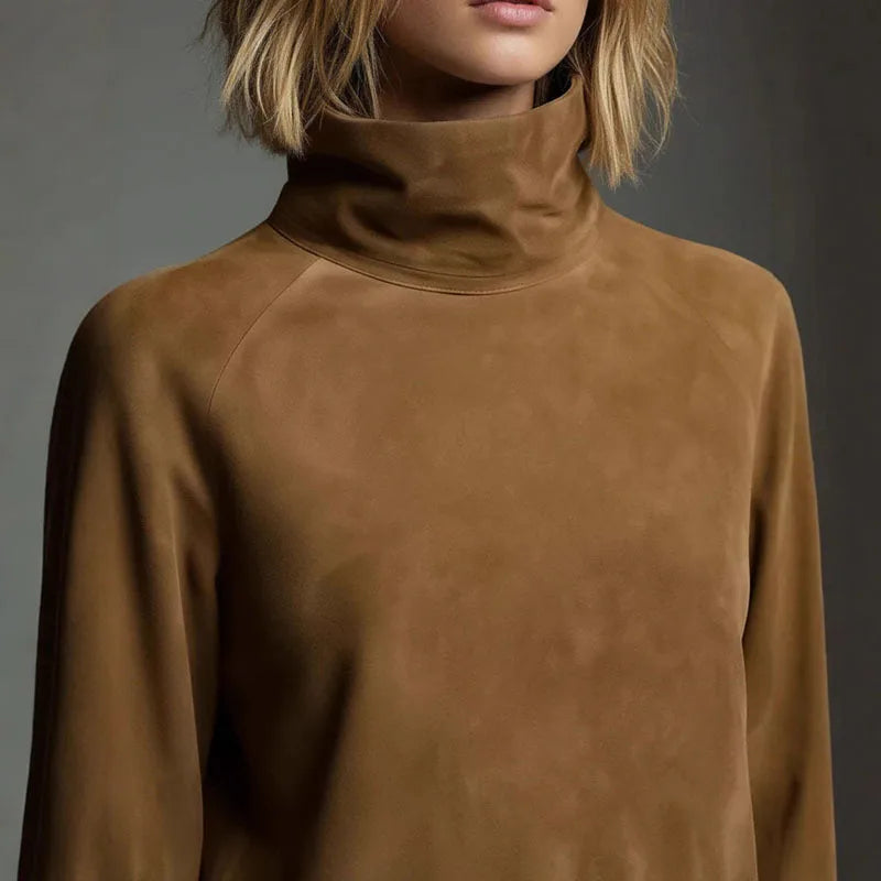 Autumn Retro Solid Suede Mini Short Dresses Sexy Turtleneck Slim Woman Pullover Dress Winter Long Sleeve Pockets Female Clothing