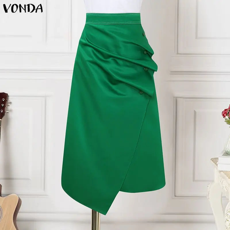 VONDA Plus Size 5XL Elegant Women Satin Skirts High Waist Button Pleated Asymmetrical Maxi Jupes Fashion Solid Long Faldas Saia