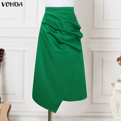VONDA Plus Size 5XL Elegant Women Satin Skirts High Waist Button Pleated Asymmetrical Maxi Jupes Fashion Solid Long Faldas Saia
