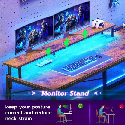 51 Rustic Brown Gaming Desk with LED Lights, Monitor Stand, Fabric Drawer, and Storage Shelves
