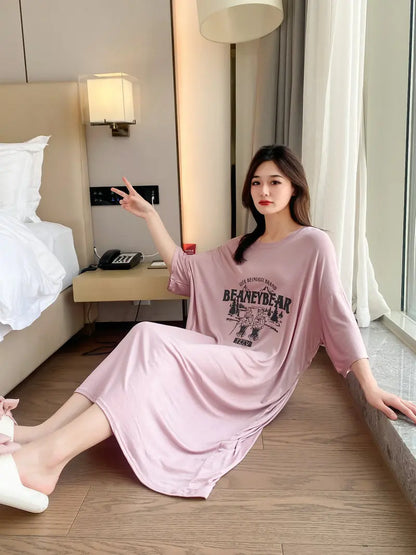 New Casual Sleepwear Woman Night Dress Lounge Home Wear Clothes Printed Short Sleeve Female Nightgowns Cotton Loose Nightshirt