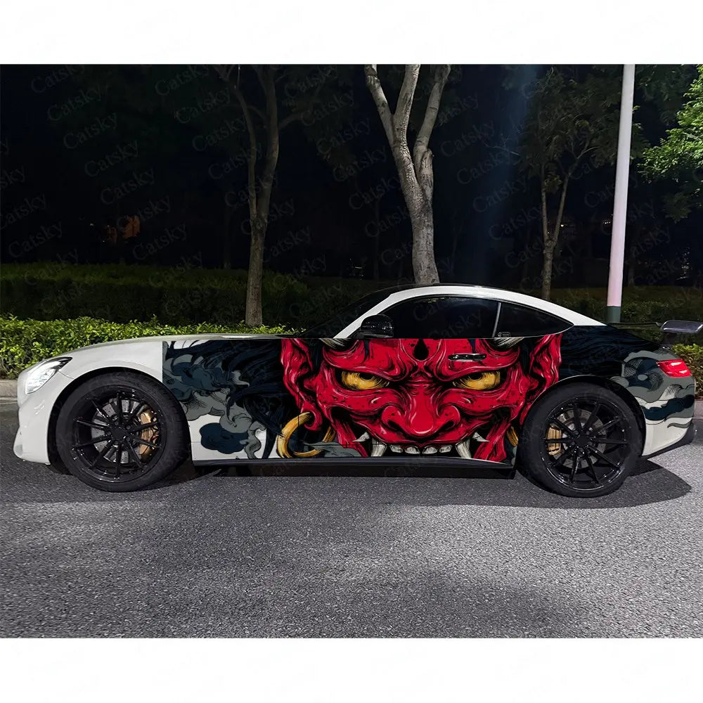 2pcs Golden-Eyed Red Oni Hannya Car Side Wraps, Self-Adhesive PVC Waterproof & Scratch-Resistant Stickers, Car Accessory Gift