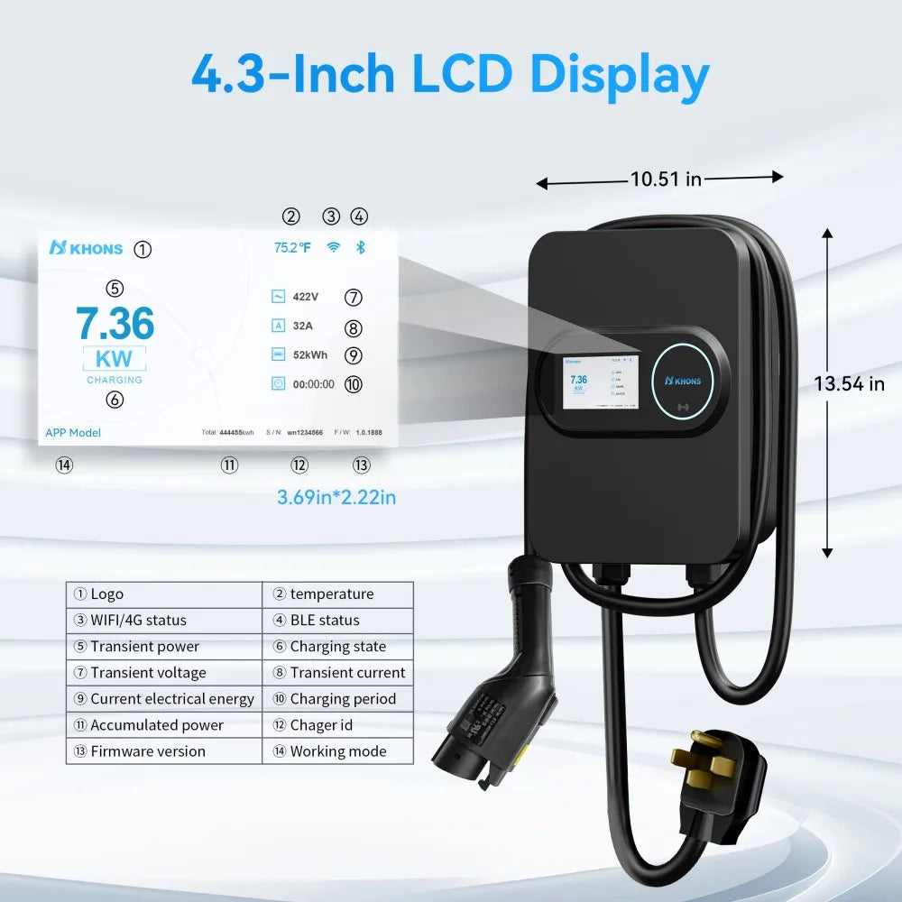 Khons Level 2 Electric Vehicle Charger Station NEMA 14-50 240V 48A Fast Smart Charging at Home For All J1772 EV