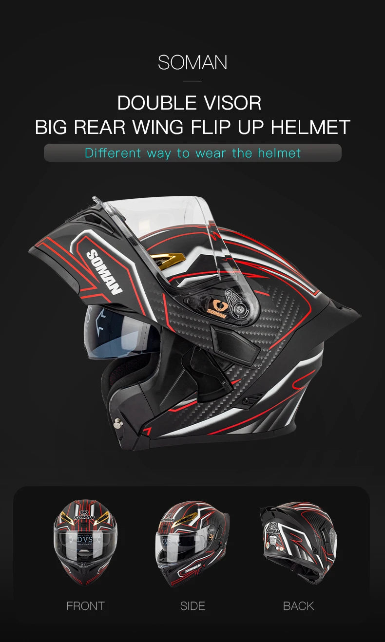 SOMAN Full Face Helmet Dual Lens Flip Up Motorcycle Helmets Casco Accessories Men Women Casque Moto Racing DOT Approved Visor