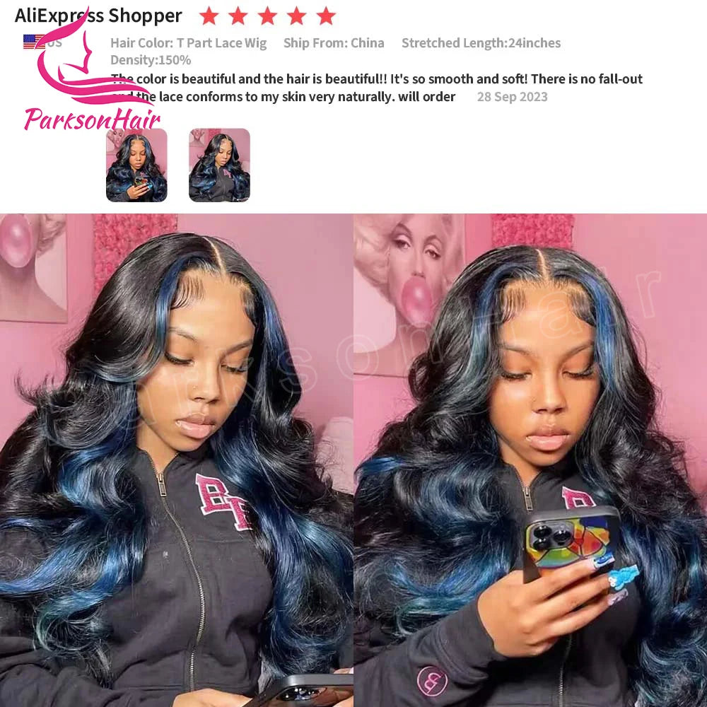 13*4 13*6 Straight Highlight  Black With Blue Lace Frontal Wigs Human Hair Wig For Black Women Brazilian  Hair Full Lace Wigs