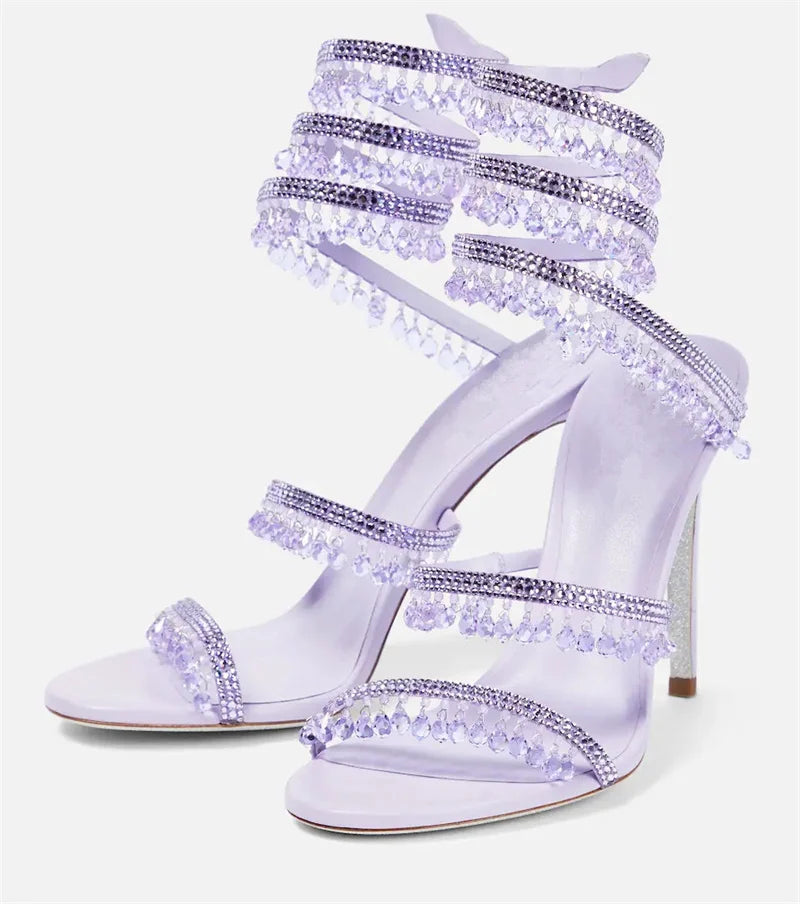 Crystal Wrap Sandals Women Summer 2025 Wedding Shoes High Heel Party Shoes Ankle Strappy Sandals Designer Stiletto Heel Shoes