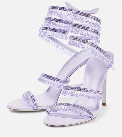 Crystal Wrap Sandals Women Summer 2025 Wedding Shoes High Heel Party Shoes Ankle Strappy Sandals Designer Stiletto Heel Shoes