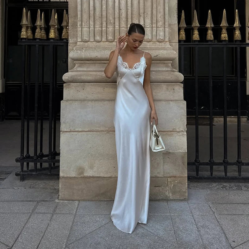 Lace Patchwork Sling Women's Dress Sexy Solid V-neck Sleeveless Backless Stain Female Maxi Dress 2026 Elegant Summer Party Gowns