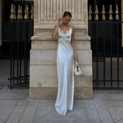 Lace Patchwork Sling Women's Dress Sexy Solid V-neck Sleeveless Backless Stain Female Maxi Dress 2026 Elegant Summer Party Gowns