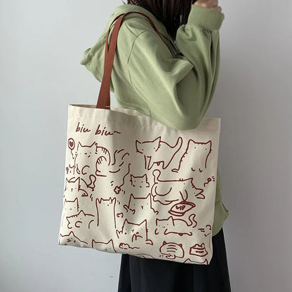 Canvas Bags Handbag for Women Shopper Cute Cat Tote Bag with Zipper Designer Bag Japanese Style Cartoon Small Shoulder Bags