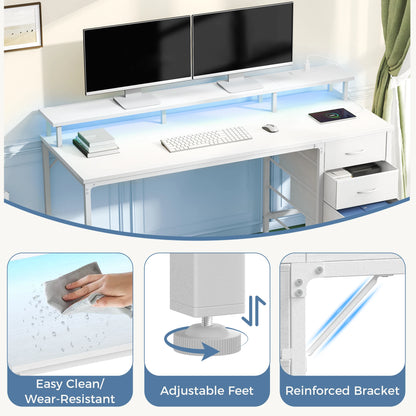 JHK 40In to 47In Gaming Computer Desk with 4 Storage Drawers Wood Office Desks with Power Outlets and LED Lights for Home Office