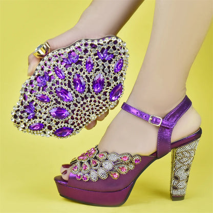 Fashion Italian Shoe and Bag Set for Party In Women Afrcan Party Shoes with Bag Set with Rhinetsone Luxury Shoes Women Designers