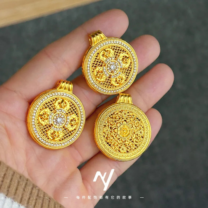 Luxury 24K 9999 Pure Gold Dorje Vajra Pestle Full Diamond Compasses Pendant Hollow Woolen Chain Lanyard Necklace