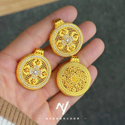 Luxury 24K 9999 Pure Gold Dorje Vajra Pestle Full Diamond Compasses Pendant Hollow Woolen Chain Lanyard Necklace