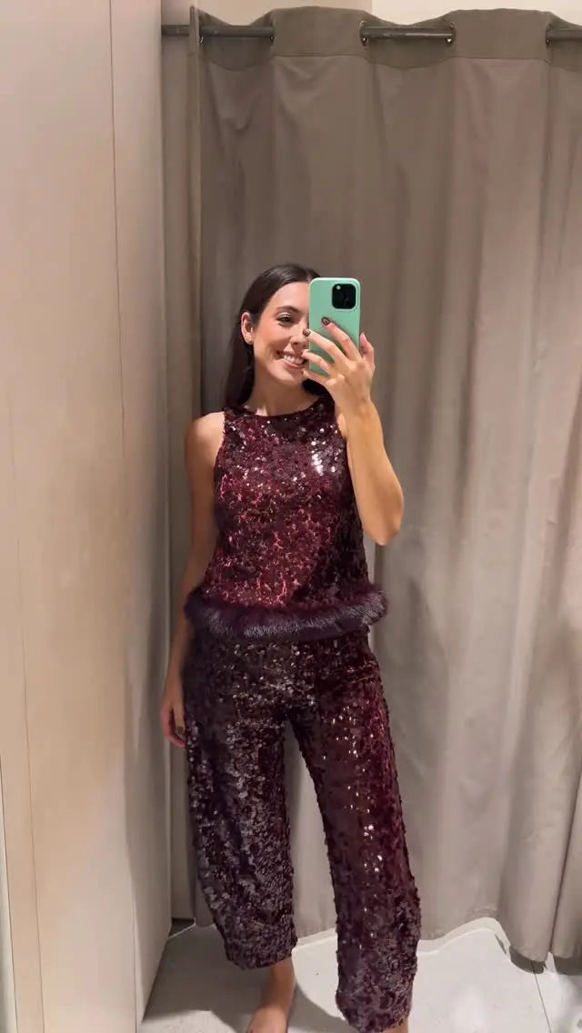 Chic Sequin Sleeveless Top Pants Set Women Faux Fur Patchwork Tops High Waist Straight Trousers Sets Lady Party Street Outfits