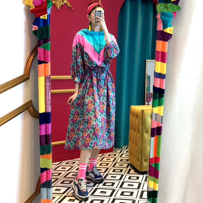 Chic Retro Floral Print Hooded Long Sweater Dr Women's High Waist Color Blo Waisand Casual Comfortable Autumn Dr