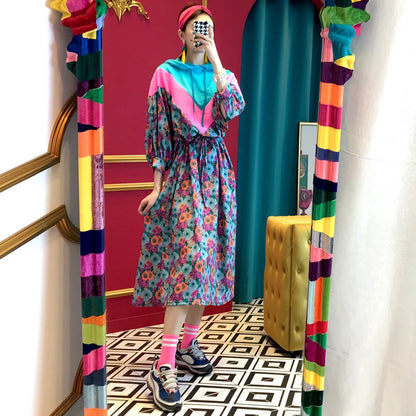 Chic Retro Floral Print Hooded Long Sweater Dr Women's High Waist Color Blo Waisand Casual Comfortable Autumn Dr