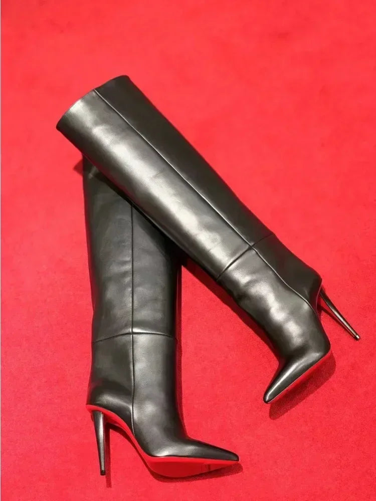 New European and American Women's Slim High Heels, Pointed Rivets, Knee Length Boots, Fashionable Party Oversized Mid Size Boots