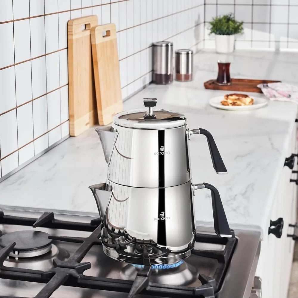 Stainless Steel XL Turkish Teapot Set with 1L Pot and 2L Tank, Compatible with Stovetop and Induction, Elegant Design for Large