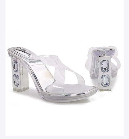 2025 Red High Heels 8cm Women Shoes Rhinestone Thick Heels Square Toe Ladies Pumps Cross Tie Straps Slippers Sandals Party Shoes