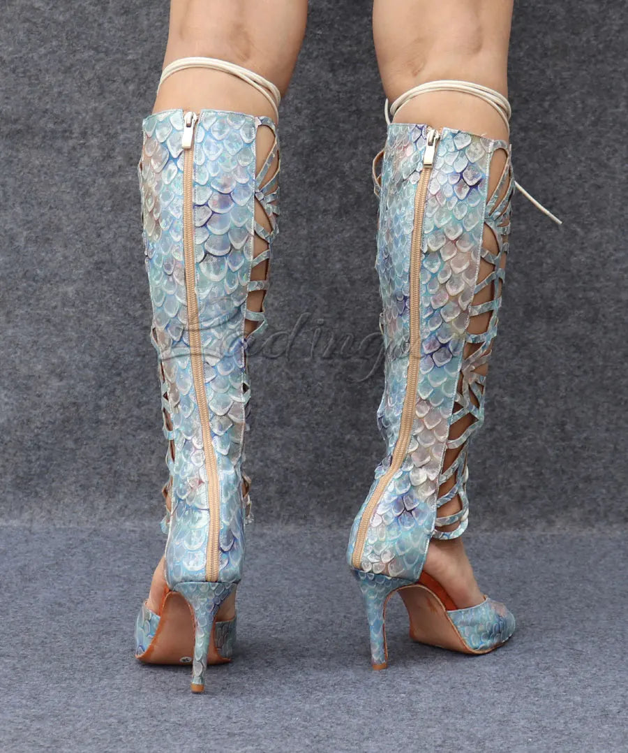 Ladingwu High-end Custom Material Fish Scale Texture Women Dance Shoes Sexy Pole Dance Boots Ladies Wedding Ballroom Shoes