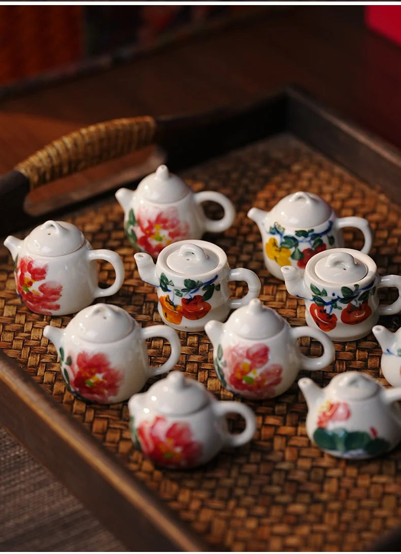 Mini Hand-Painted Ceramic Teapot Jingdezhen Hand- Pulled Tea Pet Micro Landscape Decorative Item Kitchen Dining Bar Essential