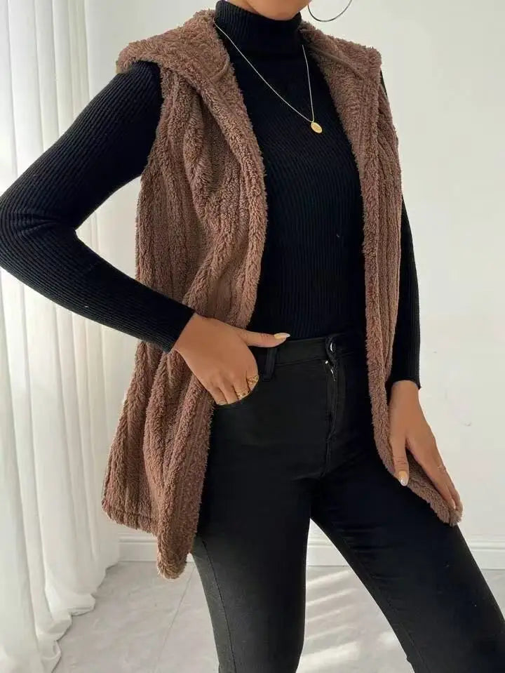 VigoCasey 2025 Autumn Winter Brown Long Thick Vest Coat Woman Sleeveless Plush Warm Waistcoat Lady Hooded Casual Vest Jacket
