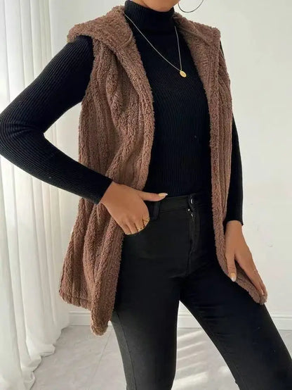 VigoCasey 2025 Autumn Winter Brown Long Thick Vest Coat Woman Sleeveless Plush Warm Waistcoat Lady Hooded Casual Vest Jacket