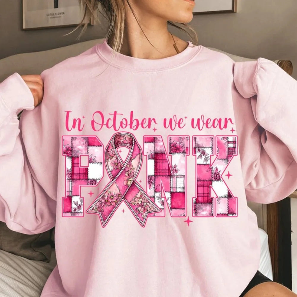 In October We Wear Pink Clothing Composite Creativity Pink Ribbon Tops Breast Cancer Women Modern and Trendy Streetwear Apparel