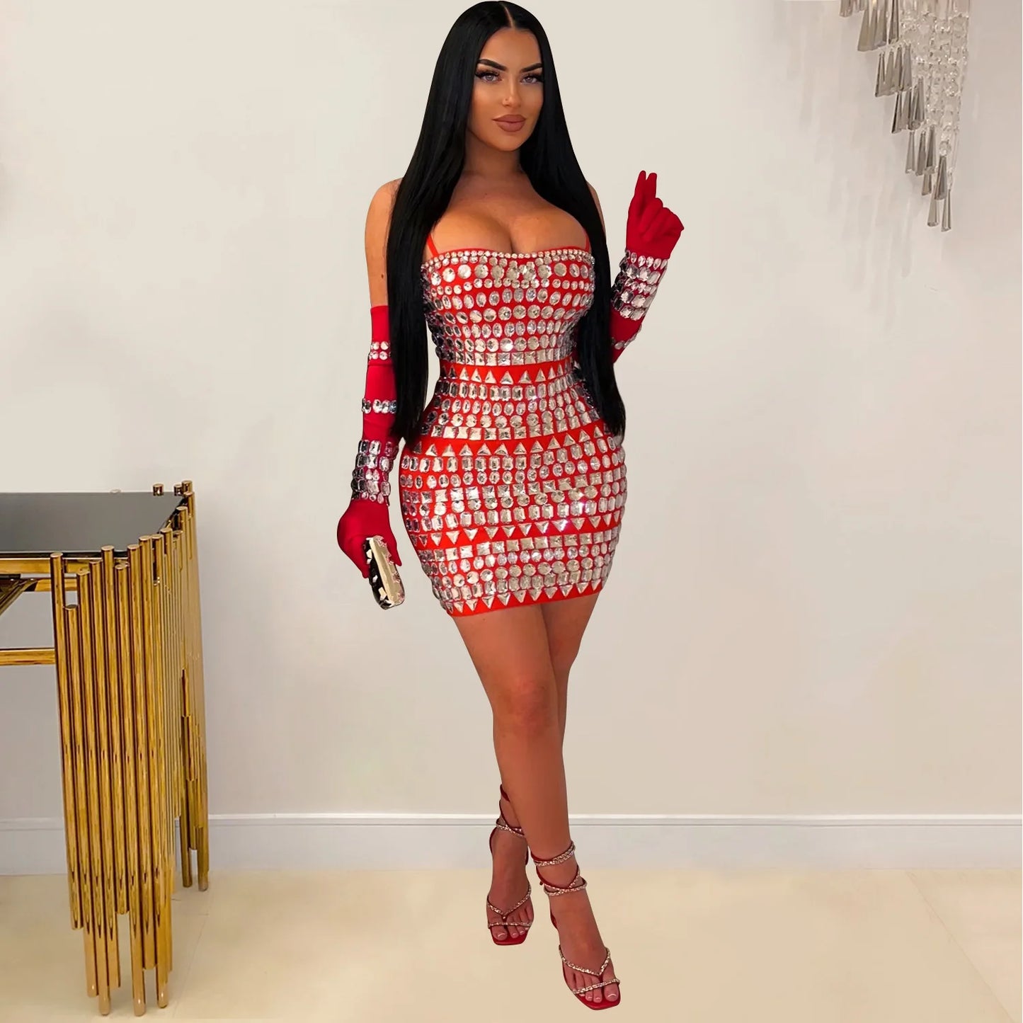 GLCMYAYA Women Diamonds Hot Rhinestones Crystal Spaghetti Strap Birthday Bodycon Midi Dress Sexy Party Even Dresses Vestidos