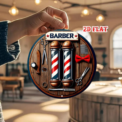 A 2D flat barber shop circular wooden sign - a return design style for homes, garages, restaurants, and cafes