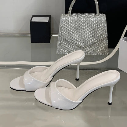 Liyke White Patent Leather Women Slippers Sandals Fashion Round Open Toe Thin High Heels Mules Slides Summer Party Dress Shoes