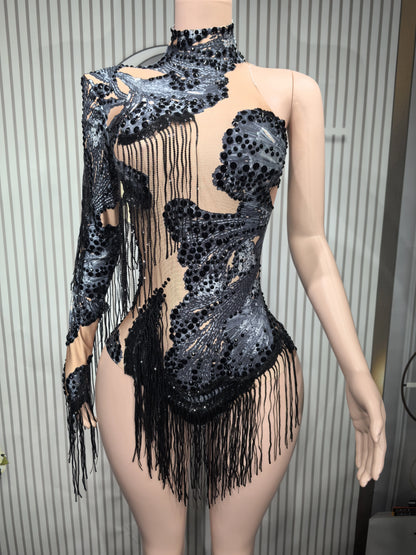 Sexy Skinny Leotard Singer Dancer Show StageWear Sparkly Blue Rhinestones Women DanceCostume Fringes One Shoulder Bodysuit  7G