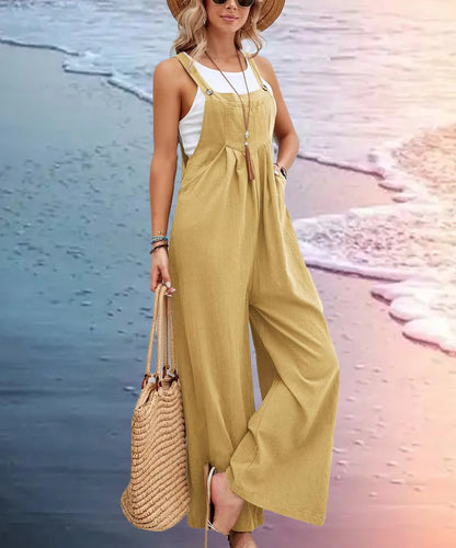 2025 Spring/Summer New Ethnic Style Solid Color Wide Leg Jumpsuit Women Loose Fit Fashion Elegant Casual Overalls Wide Leg
