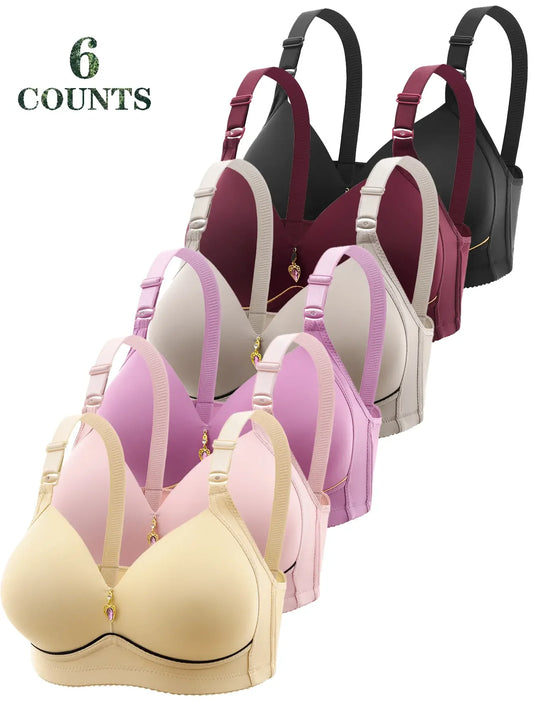 6Pcs Simple, Comfortable, Breathable, Wire-Free Push-Up Bra for Women, Color-Blocked Seamless Bra, Pure Color Normcore Intimates