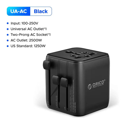 ORICO Universal Travel Adapter Worldwide All-in-One 20W GaN with AC Outlet USB A Type C Dual 10A Fuses Fast Charging EU US UK AU