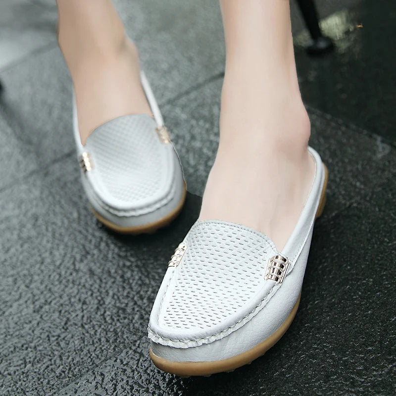 Women Casual Shoes Hollow Out Lady Half Lofers Genuine Leather Flats Moccasins Women Luxury Brand Half Slippers Zapatillas Mujer