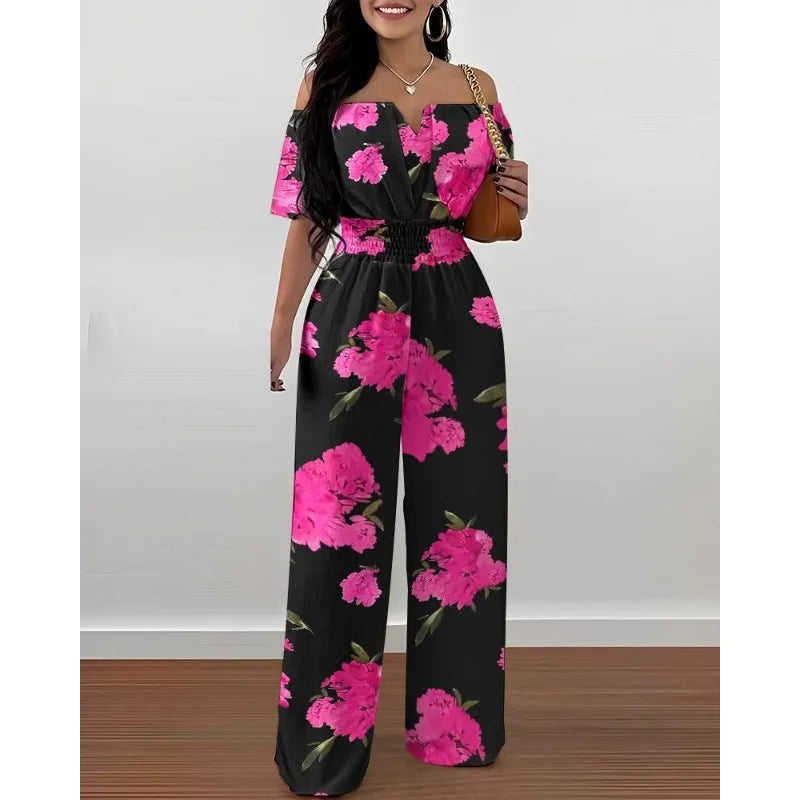 Summer New Women Sexy One Line Shoulder Solid Color Short Sleeve Jumpsuit Slim Elastic Waist Loose Straight Female Long Jumpsuit