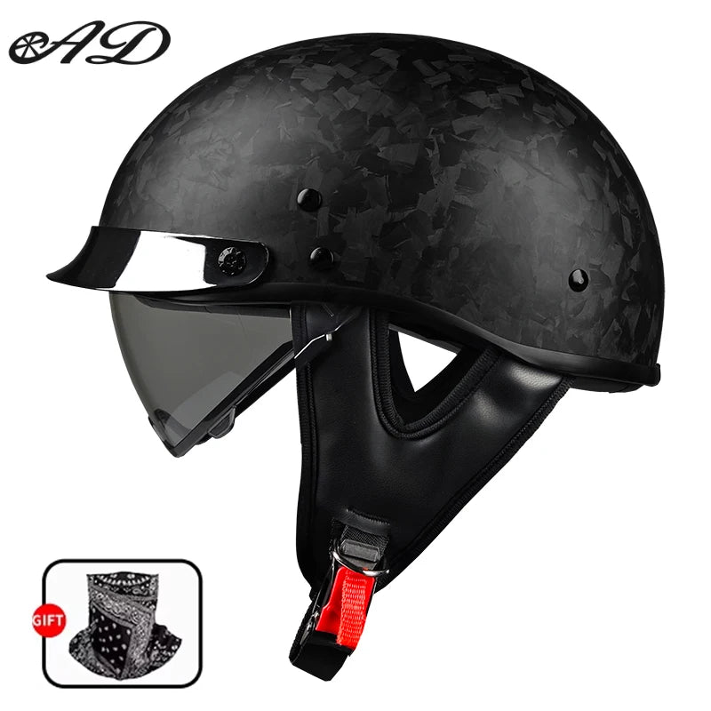    Best Seller Carbon Fiber Retro Motorcycle Half Face Helmet with Comfortable Lining Protective Goggles Helmet Factory Wholesale