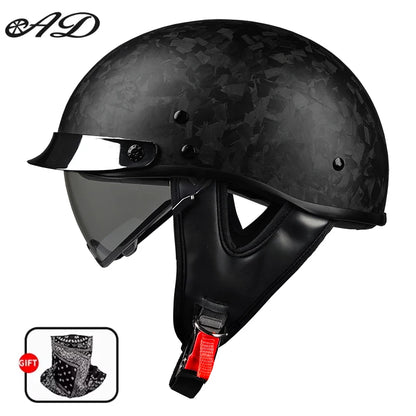    Best Seller Carbon Fiber Retro Motorcycle Half Face Helmet with Comfortable Lining Protective Goggles Helmet Factory Wholesale