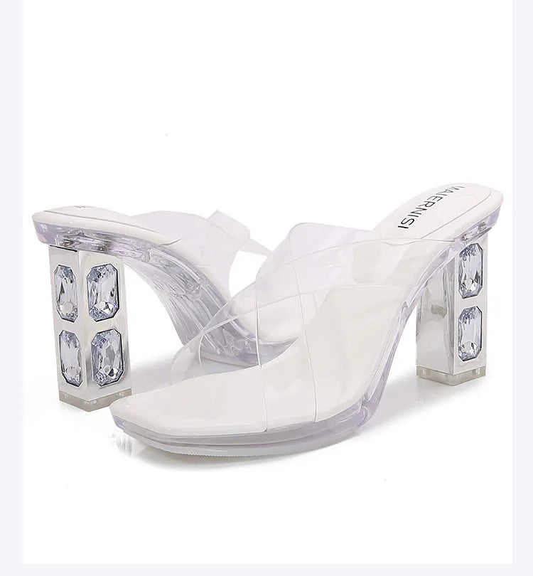 2025 Red High Heels 8cm Women Shoes Rhinestone Thick Heels Square Toe Ladies Pumps Cross Tie Straps Slippers Sandals Party Shoes