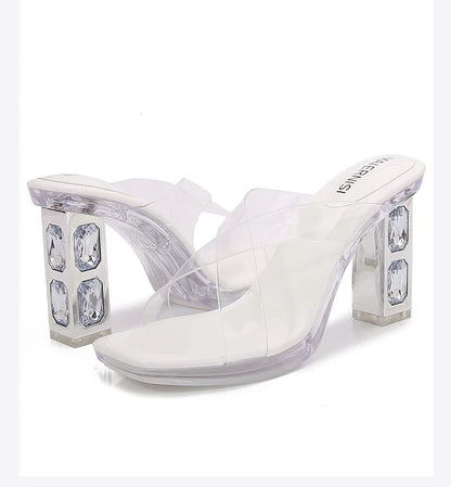 2025 Red High Heels 8cm Women Shoes Rhinestone Thick Heels Square Toe Ladies Pumps Cross Tie Straps Slippers Sandals Party Shoes
