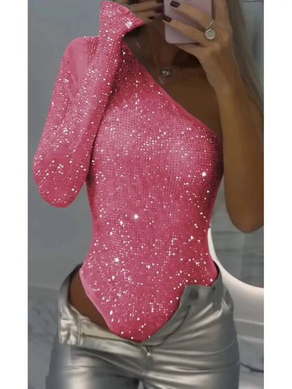 Fashion Sexy Sequins Bodycon Top For Women Slim Diagonal Collar Off Shoulder Tops Lady Holiday Party Streetwear Womens Clothing