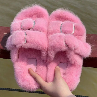 Luxury Designer Slipper Women 2025 Winter European Fashion Women's Shoes Ladies Slippers 100% Mink Slippers Shoes for Woman