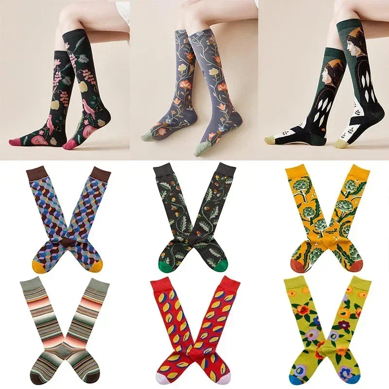 Socks Women's High Tube Calf Knee-length Socks Retro Illustration Art Abstract Street Autumn and Winter Cotton Socks High Sock