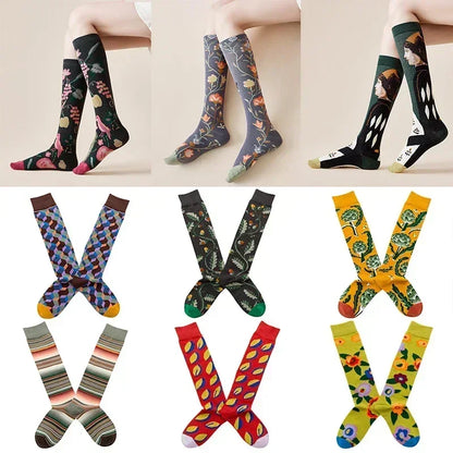 Socks Women's High Tube Calf Knee-length Socks Retro Illustration Art Abstract Street Autumn and Winter Cotton Socks High Sock