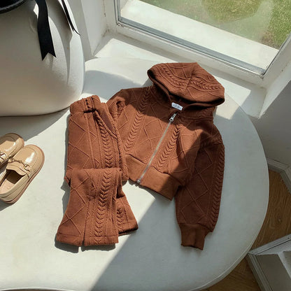 Flared Pants Childrens Set Girls Autumn New Korean Short Knitting Long Sleeved Tops Forking Two Piece Tide Hooded