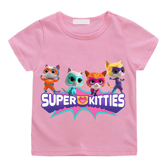 SuperKitties Summer 100% Cotton T-shirt Boy Cartoon Pride Tshirt Short Tops Y2k One Piece Print Anime Tees Kids Clothes Girls
