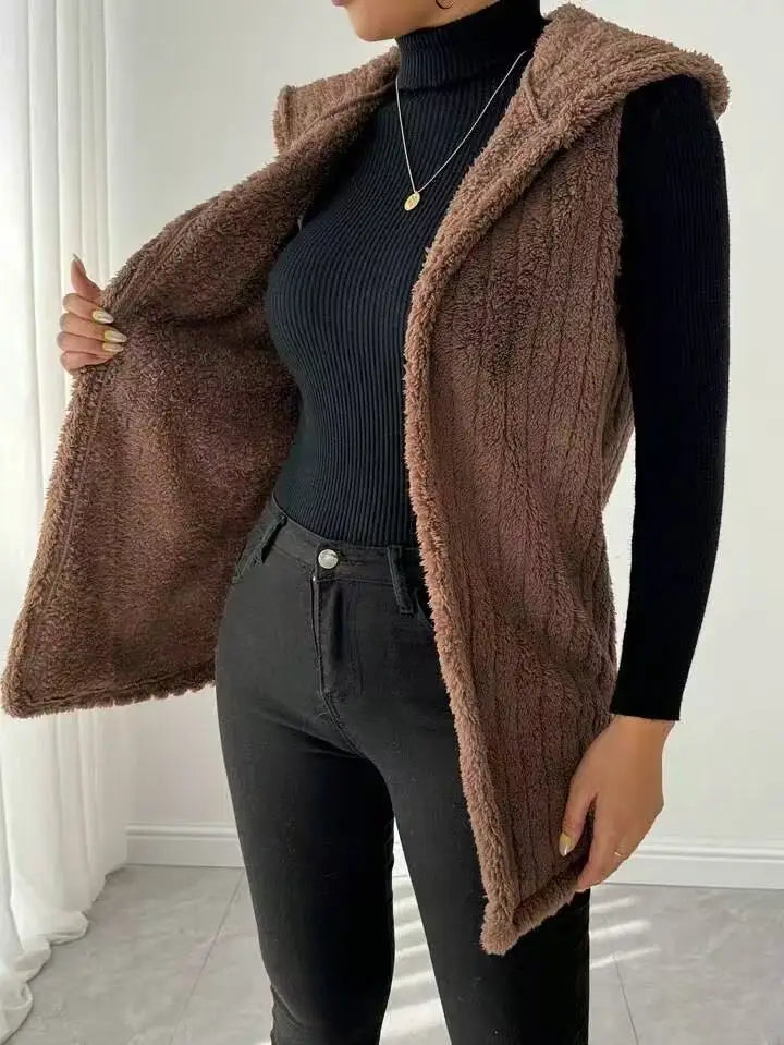 VigoCasey 2025 Autumn Winter Brown Long Thick Vest Coat Woman Sleeveless Plush Warm Waistcoat Lady Hooded Casual Vest Jacket